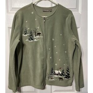 Craft & Borrow Fleece Zip Up Jacket‎ Women L Winter Cabin Moose Trees Snowflakes